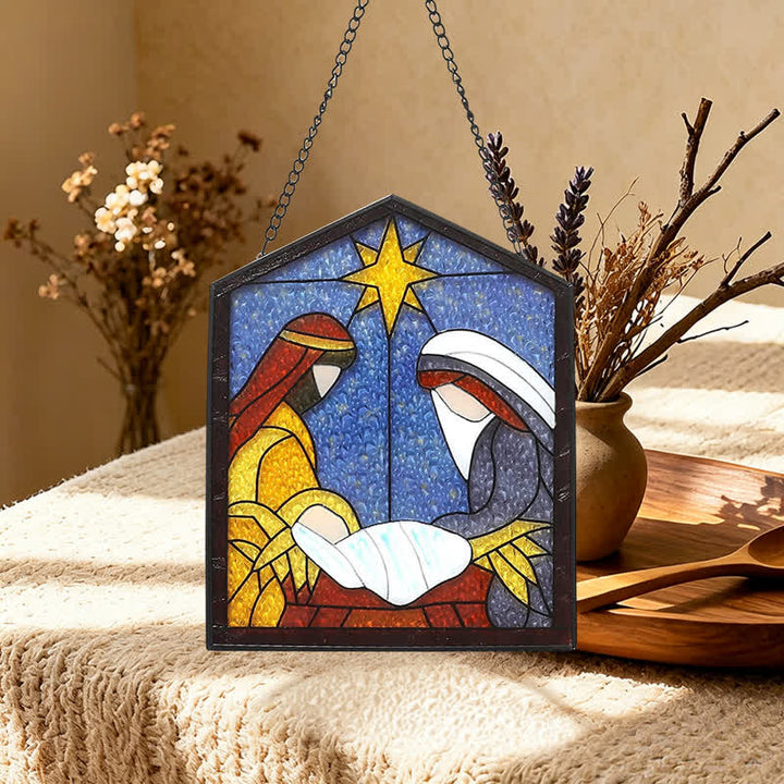 Christianartworkshop Attrape-soleil en vitrail de la Nativité guidé par les étoiles : symbole de l'arrivée paisible du divin - image 5