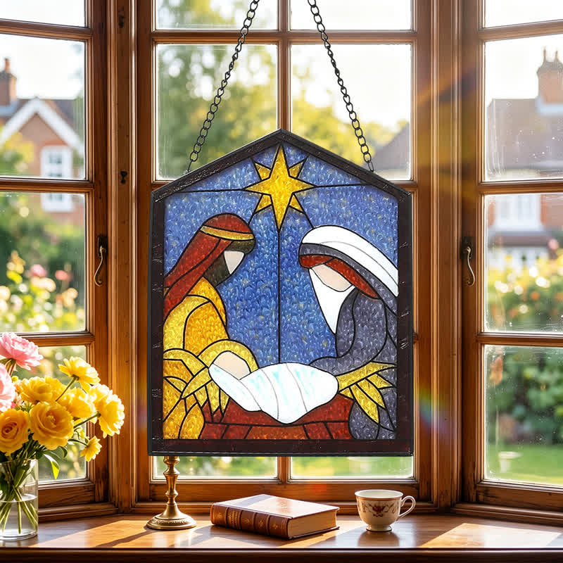 Christianartworkshop Attrape-soleil en vitrail de la Nativité guidé par les étoiles : symbole de l'arrivée paisible du divin - image 2