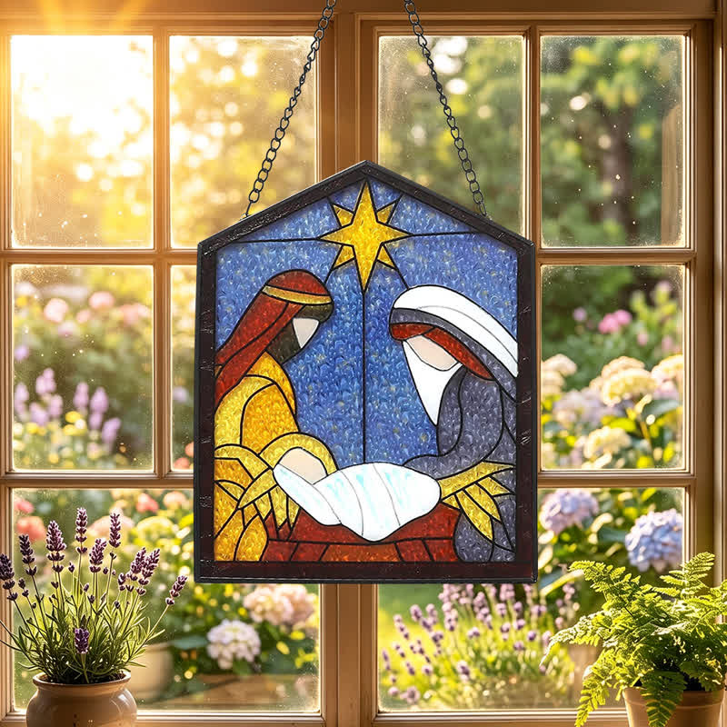 Christianartworkshop Attrape-soleil en vitrail de la Nativité guidé par les étoiles : symbole de l'arrivée paisible du divin - image 3