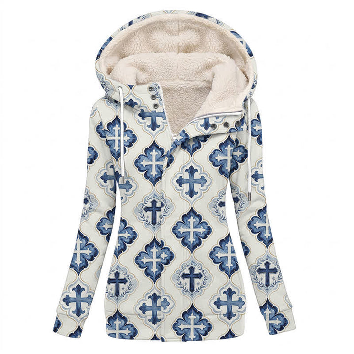 Christianartworkshop Manteau d'hiver polaire à capuche croisée, style carreaux bleus - US16, UK/AU20, EU48 (4XL) - image 0