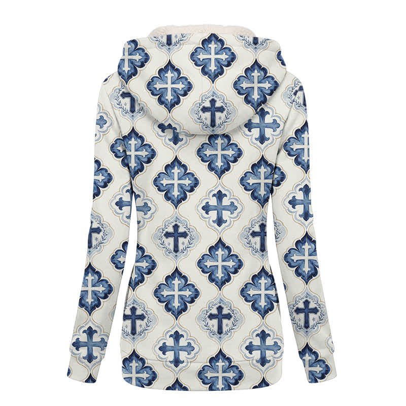 Christianartworkshop Manteau d'hiver polaire à capuche croisée, style carreaux bleus - image 1