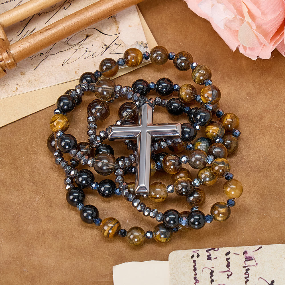 Chapelet en œil de tigre et obsidienne naturelle de Christianartworkshop - Chapelet de protection en croix de pierre d'hématite - image 1