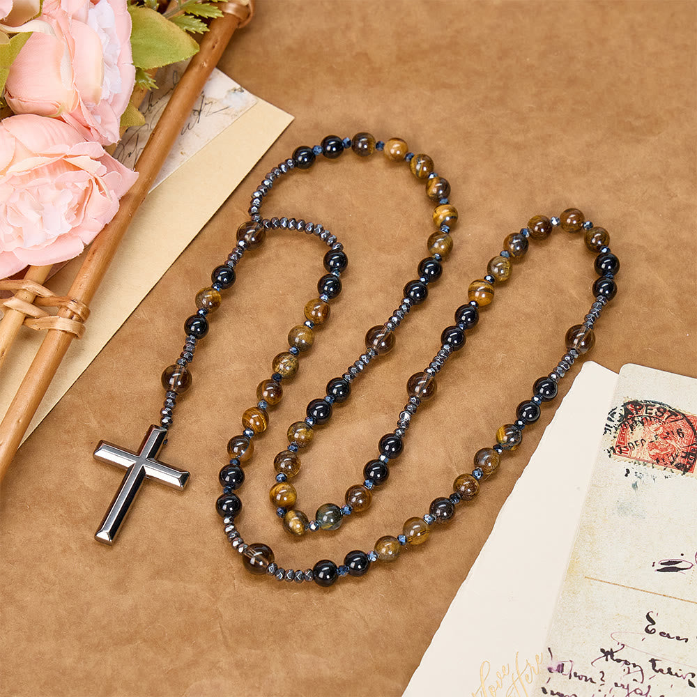 Chapelet en œil de tigre et obsidienne naturelle de Christianartworkshop - Chapelet de protection en croix de pierre d'hématite - Collier chapelet en obsidienne naturelle œil de tigre - image 0