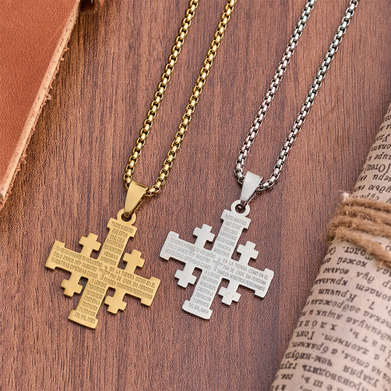 Collier croix de Jérusalem bicolore style moderne Christianartworkshop la prière du Seigneur en espagnol : La foi pour chaque instant - image 1
