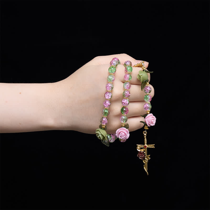 Christianartworkshop Chapelet en perles de verre craquelé rose et vert à facettes, motif rose et croix de la Vierge Marie - image 1
