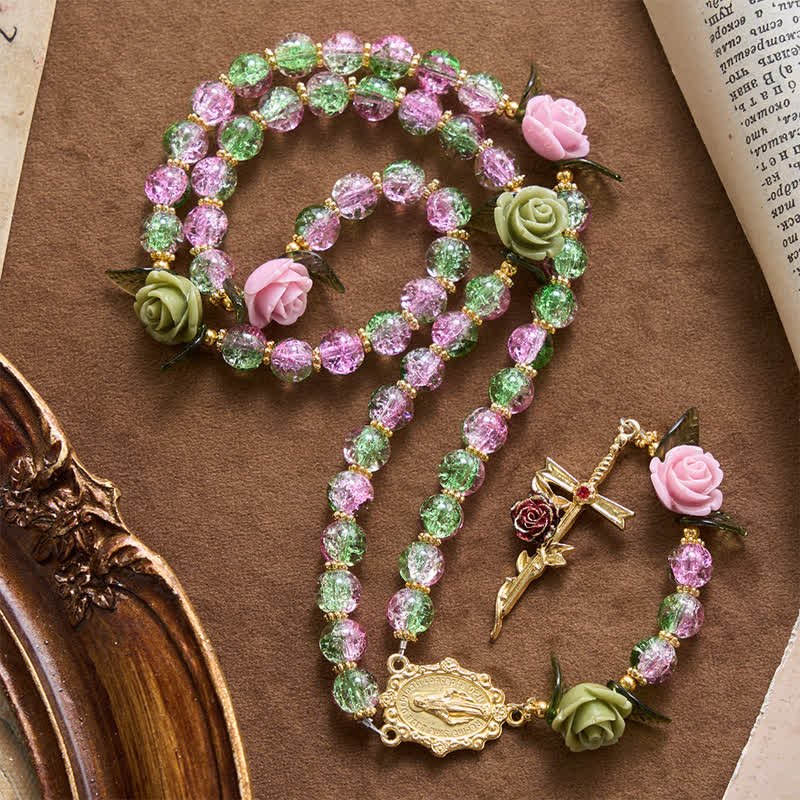Christianartworkshop Chapelet en perles de verre craquelé rose et vert à facettes, motif rose et croix de la Vierge Marie - image 0