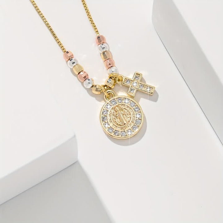Collier pendentif croix de Saint Benoît en perles mixtes, Christianartworkshop : symbole de protection sacrée éternelle - image 12