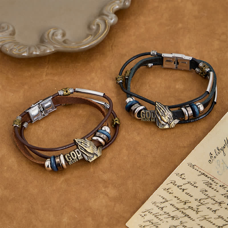 Christianartworkshop Bracelet de prière en cuir gravé « Que Dieu me bénisse » : gage de la grâce céleste qui perdure. - image 1