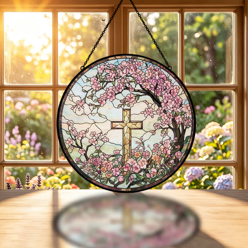 Christianartworkshop Attrape-soleil en verre en forme de croix, motif jardin floral : emblème des bénédictions célestes rayonnantes - image 1