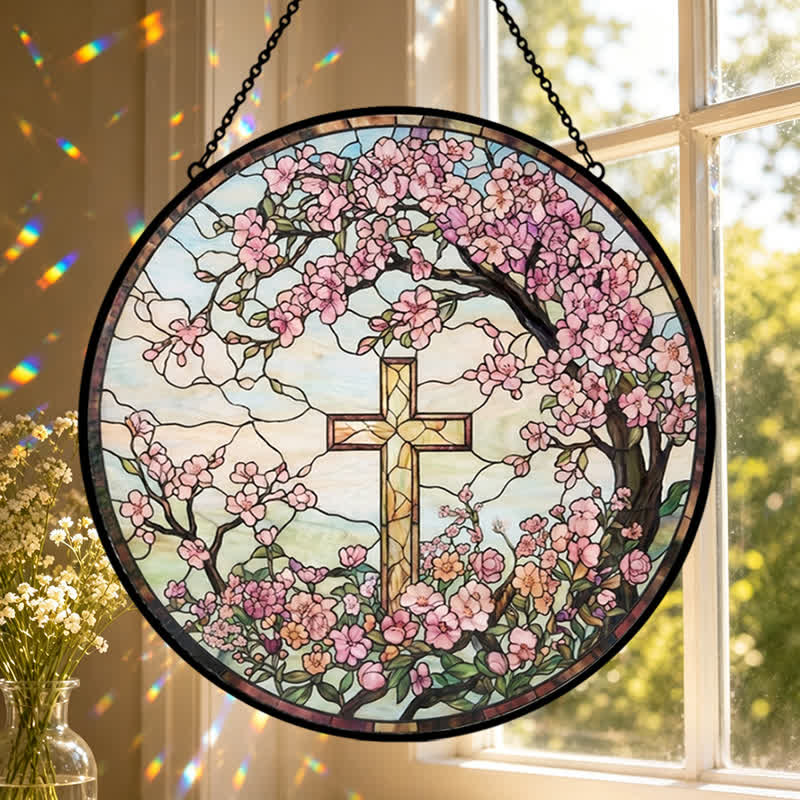 Christianartworkshop Attrape-soleil en verre en forme de croix, motif jardin floral : emblème des bénédictions célestes rayonnantes - image 0