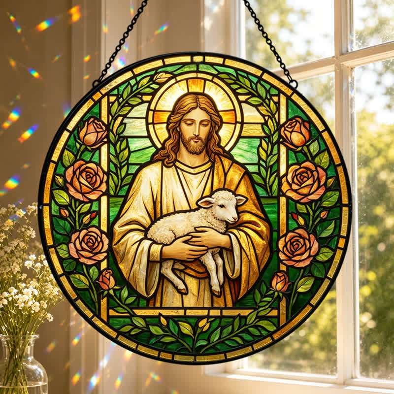 Christianartworkshop Attrape-soleil en verre du Bon Berger Jésus : Emblème de la tendre miséricorde céleste - image 0