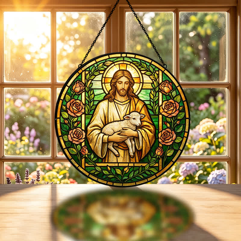 Christianartworkshop Attrape-soleil en verre du Bon Berger Jésus : Emblème de la tendre miséricorde céleste - image 1