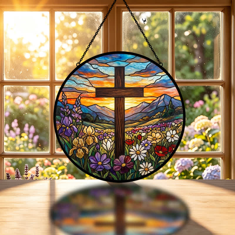 Christianartworkshop Attrape-soleil en verre Croix de la Prairie du Lever du Soleil : Emblème d'espoir céleste radieux - image 1