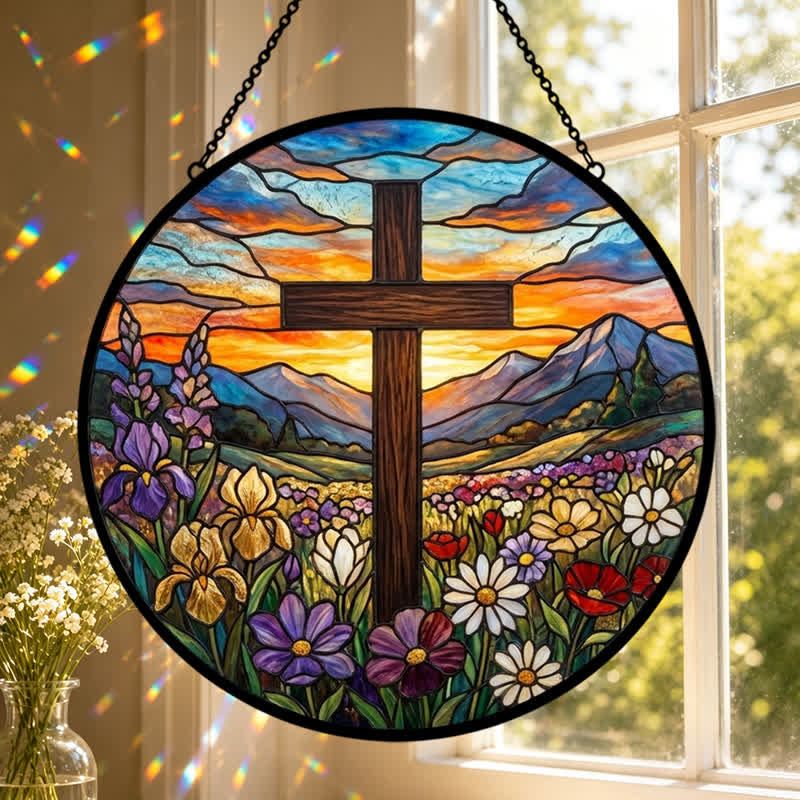 Christianartworkshop Attrape-soleil en verre Croix de la Prairie du Lever du Soleil : Emblème d'espoir céleste radieux - image 0