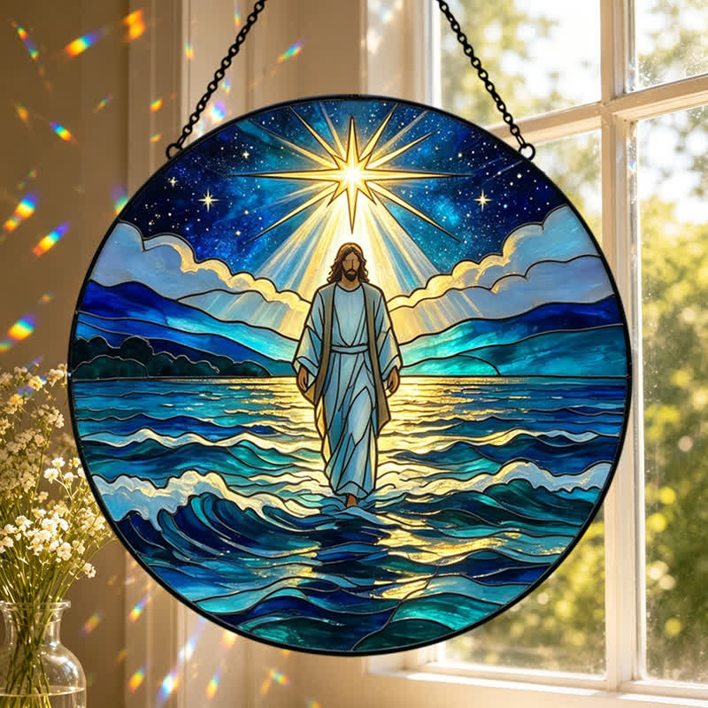 Christianartworkshop Attrape-soleil en verre représentant Jésus dans l'océan et les profondeurs de la nuit : emblème d'une autorité sacrée apaisante - image 0