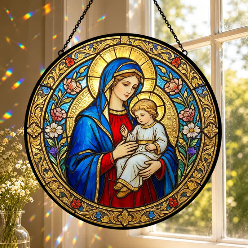 Christianartworkshop Attrape-soleil vintage en verre représentant Notre-Dame et l'Enfant-Jésus : emblème de la tendre grâce céleste - image 0