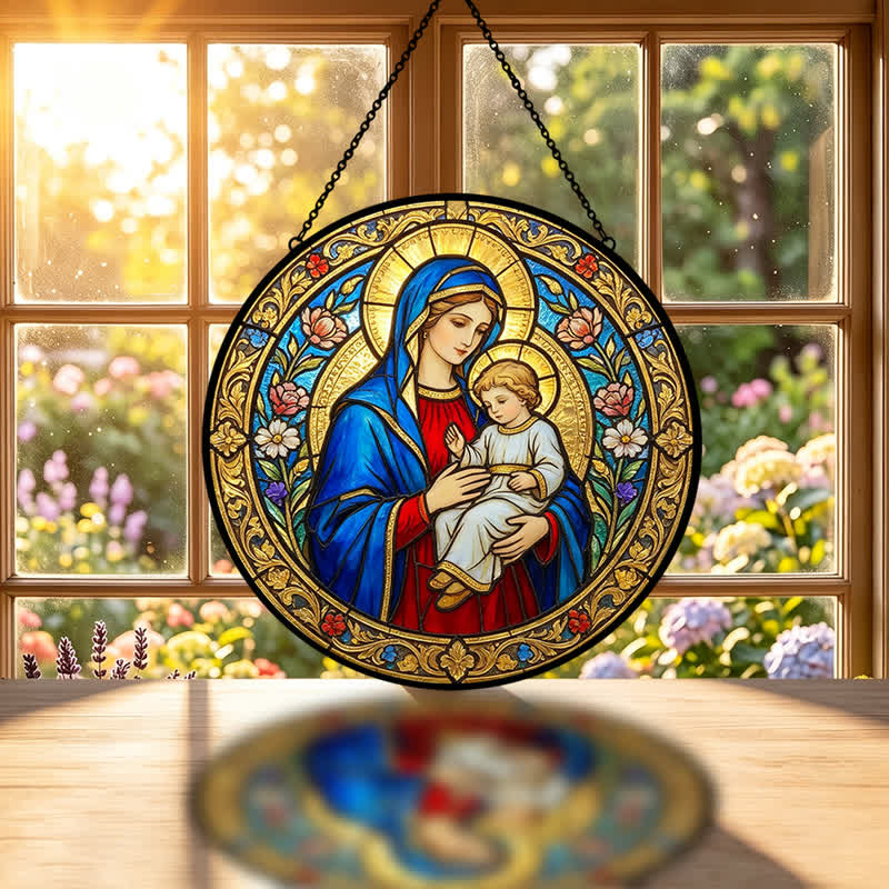 Christianartworkshop Attrape-soleil vintage en verre représentant Notre-Dame et l'Enfant-Jésus : emblème de la tendre grâce céleste - image 1