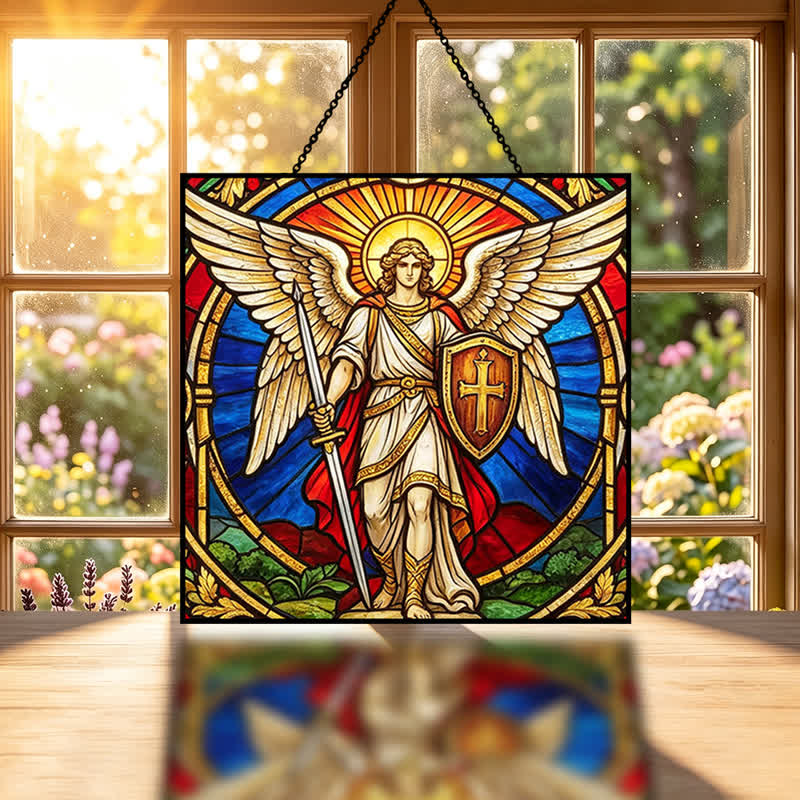 Christianartworkshop Attrape-soleil en verre représentant l'archange Michel, gardien ailé : signe de vigilance céleste paisible - image 1