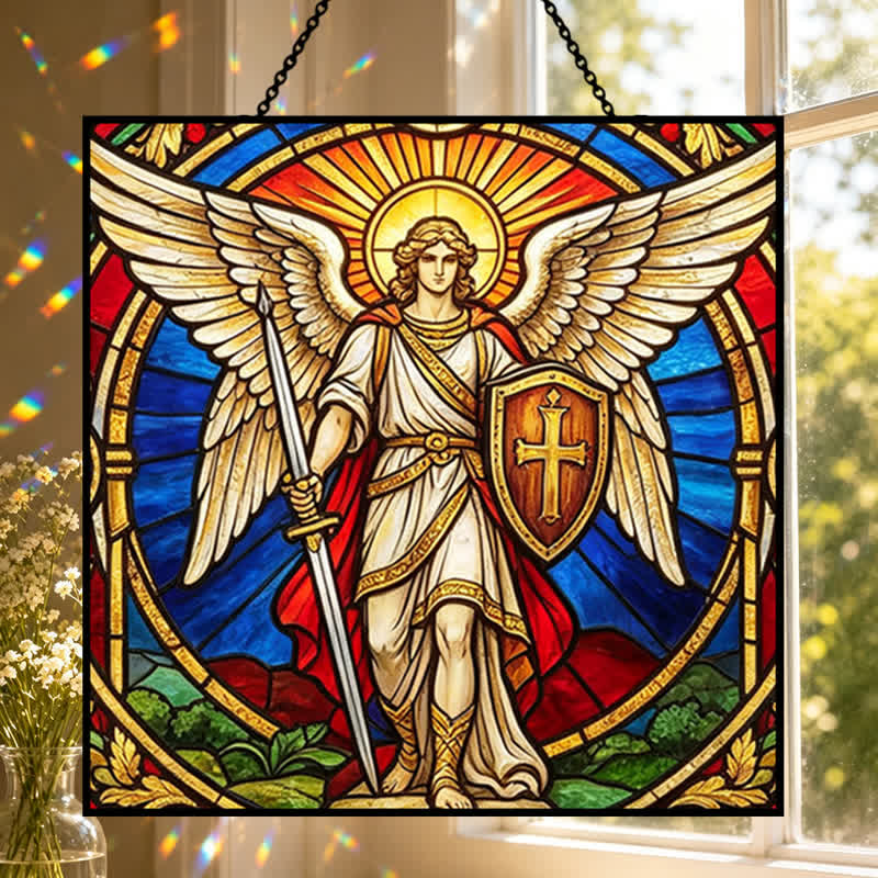 Christianartworkshop Attrape-soleil en verre représentant l'archange Michel, gardien ailé : signe de vigilance céleste paisible - image 0