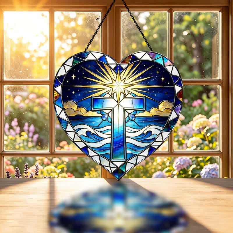 Christianartworkshop Attrape-soleil en verre en forme de croix et de cœur élégant : emblème de grâce sacrée et chaleureuse - image 1