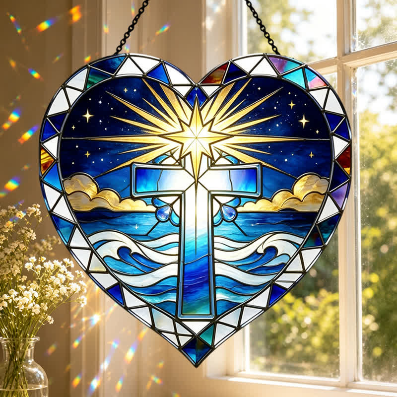 Christianartworkshop Attrape-soleil en verre en forme de croix et de cœur élégant : emblème de grâce sacrée et chaleureuse - image 0