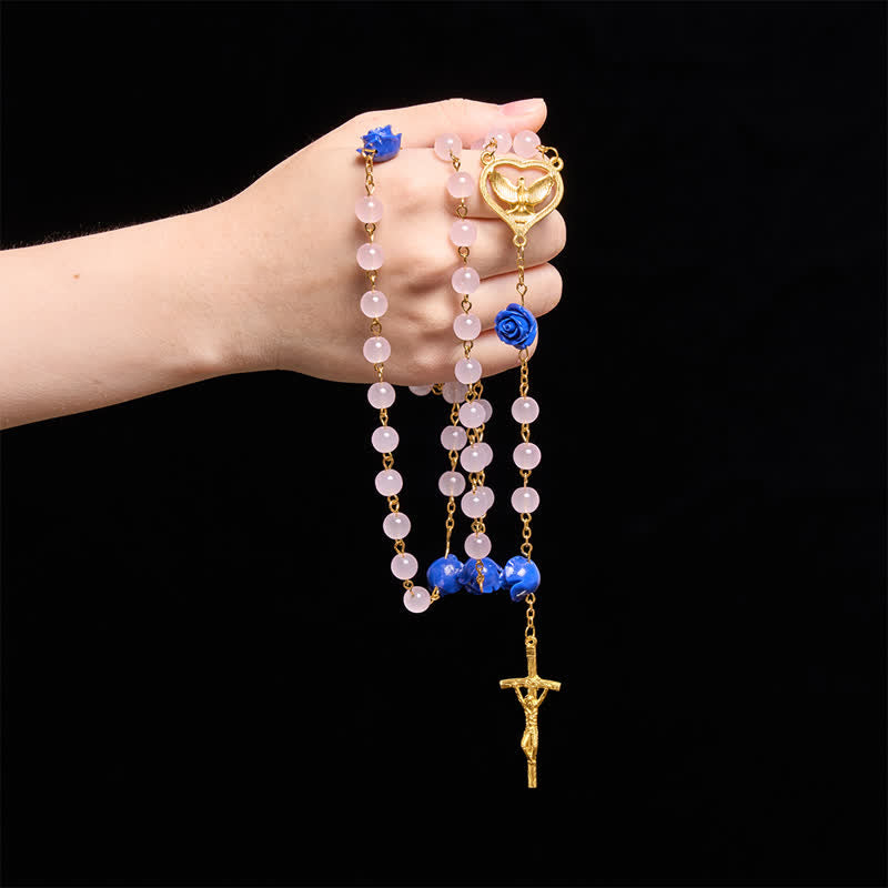 Christianartworkshop Chapelet en verre rose et bleu royal céleste avec cœur du Saint-Esprit et crucifix - image 1