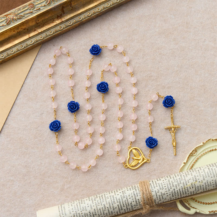 Christianartworkshop Chapelet en verre rose et bleu royal céleste avec cœur du Saint-Esprit et crucifix - image 4