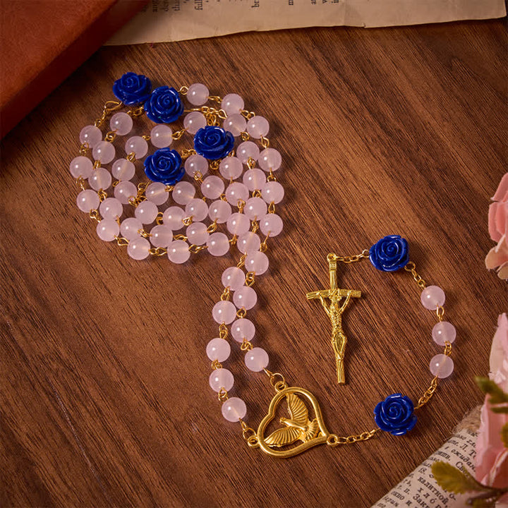 Christianartworkshop Chapelet en verre rose et bleu royal céleste avec cœur du Saint-Esprit et crucifix - image 3