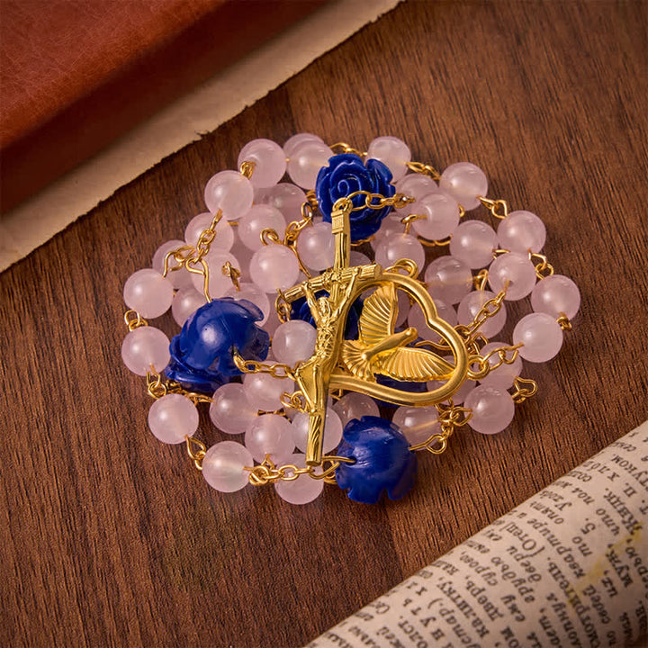 Christianartworkshop Chapelet en verre rose et bleu royal céleste avec cœur du Saint-Esprit et crucifix - Chapelet de la Rose du Saint-Esprit - image 0