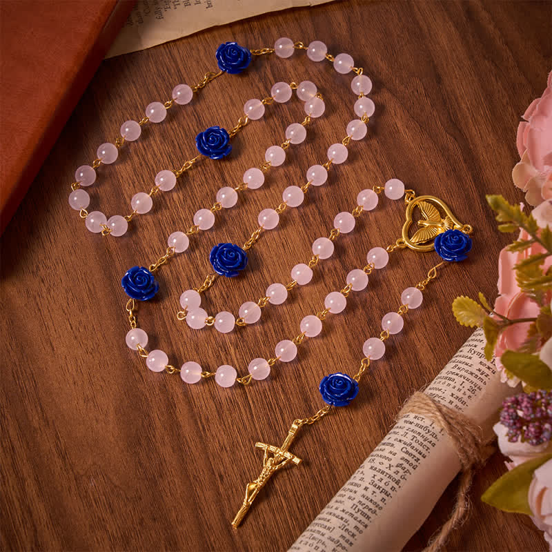 Christianartworkshop Chapelet en verre rose et bleu royal céleste avec cœur du Saint-Esprit et crucifix - image 2