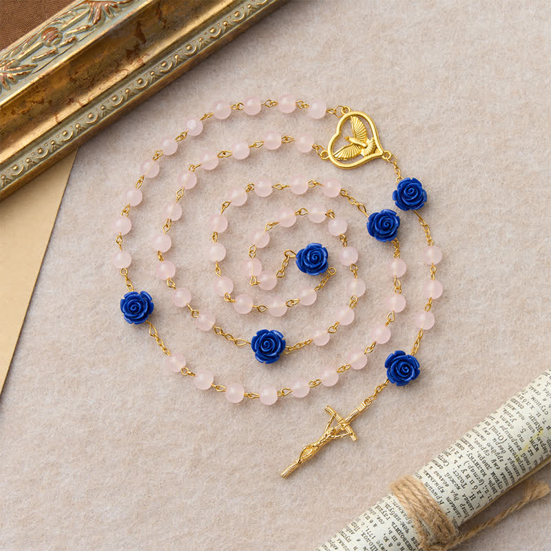 Christianartworkshop Chapelet en verre rose et bleu royal céleste avec cœur du Saint-Esprit et crucifix - image 5