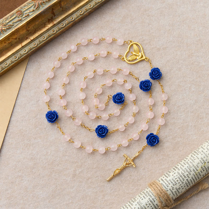 Christianartworkshop Chapelet en verre rose et bleu royal céleste avec cœur du Saint-Esprit et crucifix - image 5