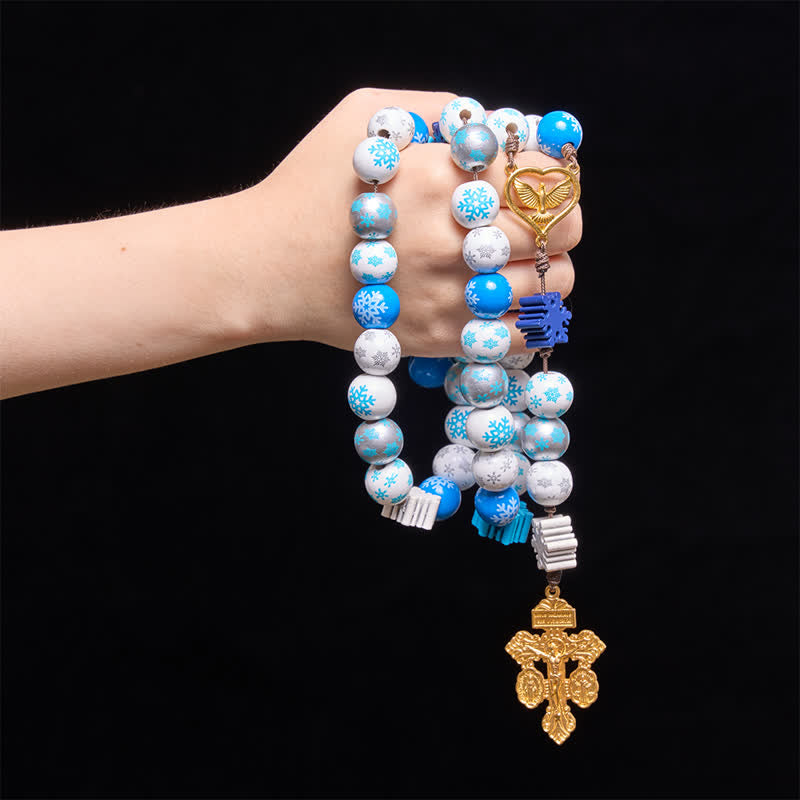 Christianartworkshop Chapelet en bois à motif de flocon de neige avec médaille du Cœur du Saint-Esprit : emblème de la pure sérénité céleste - image 1