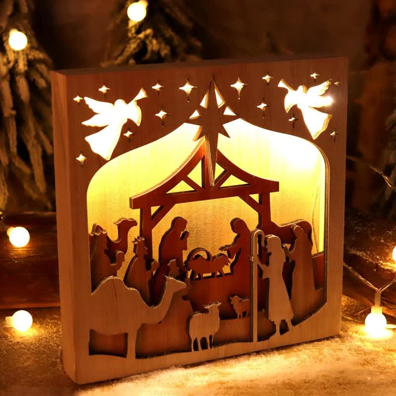 Christianartworkshop Crèche lumineuse en bois sur pied : emblème d'une douce chaleur divine - Nativité - image 0