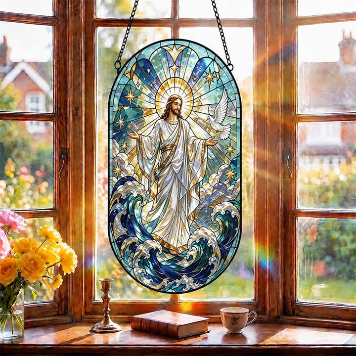 Attrape-soleil décoratif suspendu en verre sacré représentant Jésus, symbole de dévotion silencieuse, par Christianartworkshop - image 3