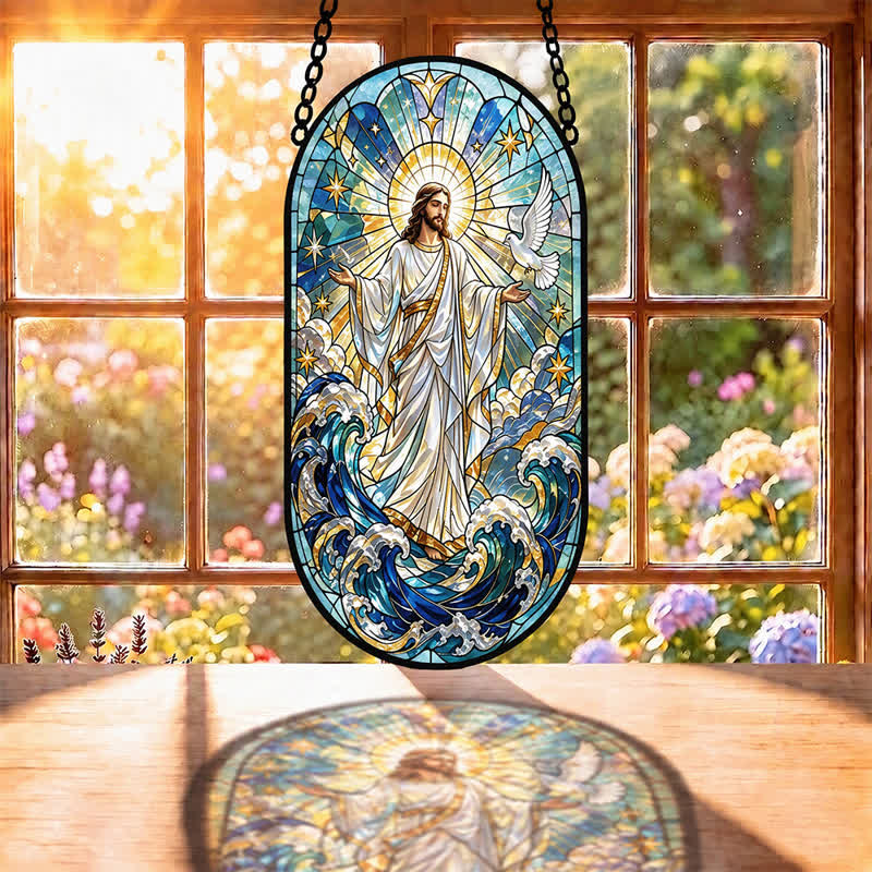 Attrape-soleil décoratif suspendu en verre sacré représentant Jésus, symbole de dévotion silencieuse, par Christianartworkshop - image 1