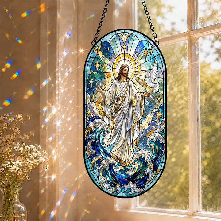 Attrape-soleil décoratif suspendu en verre sacré représentant Jésus, symbole de dévotion silencieuse, par Christianartworkshop - image 0