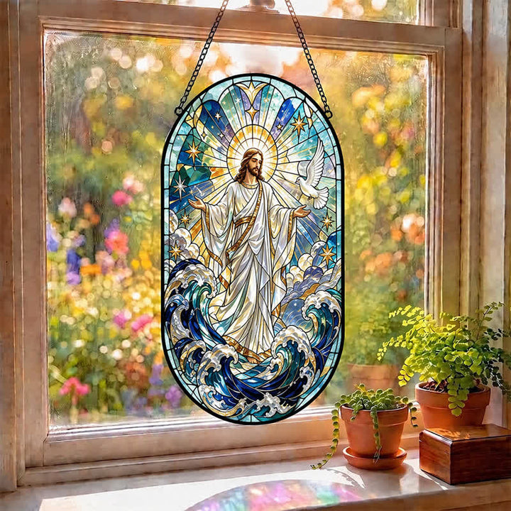 Attrape-soleil décoratif suspendu en verre sacré représentant Jésus, symbole de dévotion silencieuse, par Christianartworkshop - image 2