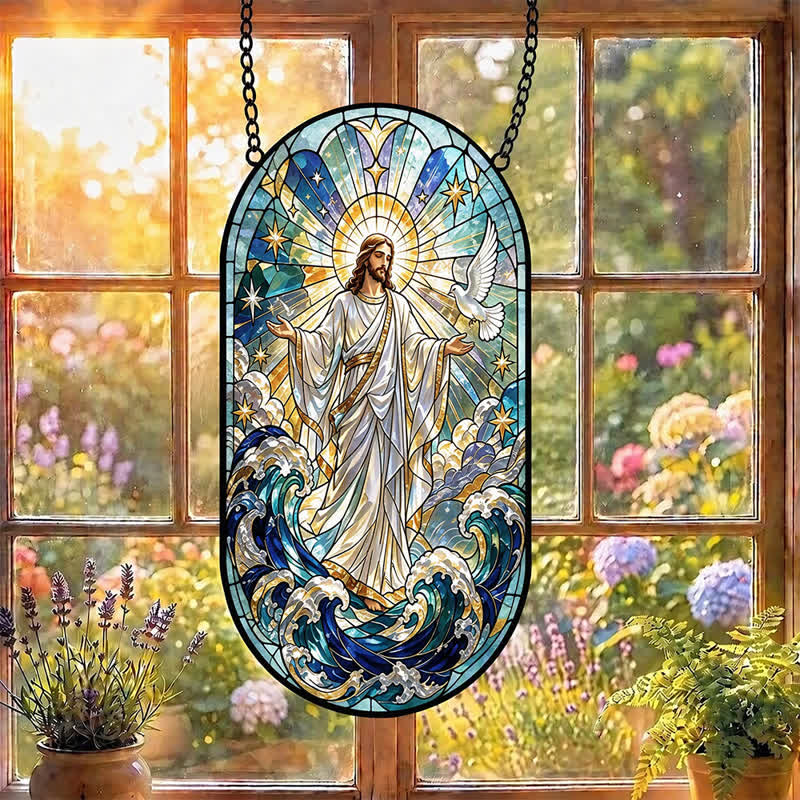 Attrape-soleil décoratif suspendu en verre sacré représentant Jésus, symbole de dévotion silencieuse, par Christianartworkshop - image 5
