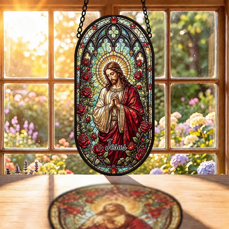 Christianartworkshop Couronne de fleurs, attrape-soleil en verre à l'effigie de Jésus : symbole de douce paix divine - image 1
