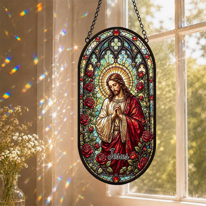 Christianartworkshop Couronne de fleurs, attrape-soleil en verre à l'effigie de Jésus : symbole de douce paix divine - image 0