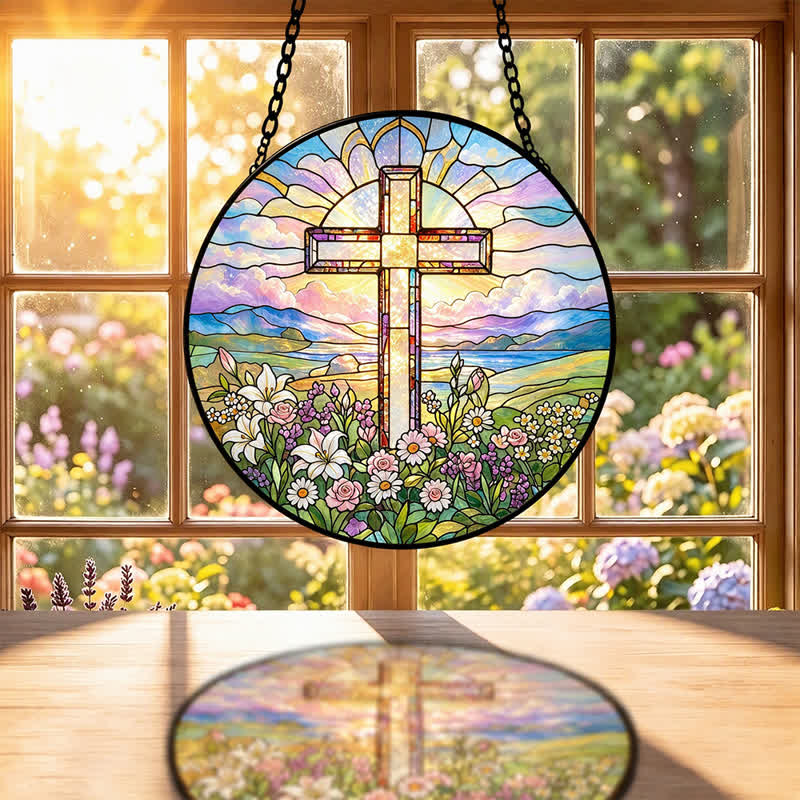 Christianartworkshop Attrape-soleil en verre en forme de croix ronde : Signe d'une grâce sacrée et intemporelle - image 1