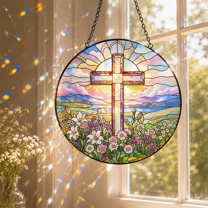Christianartworkshop Attrape-soleil en verre en forme de croix ronde : Signe d'une grâce sacrée et intemporelle - image 0
