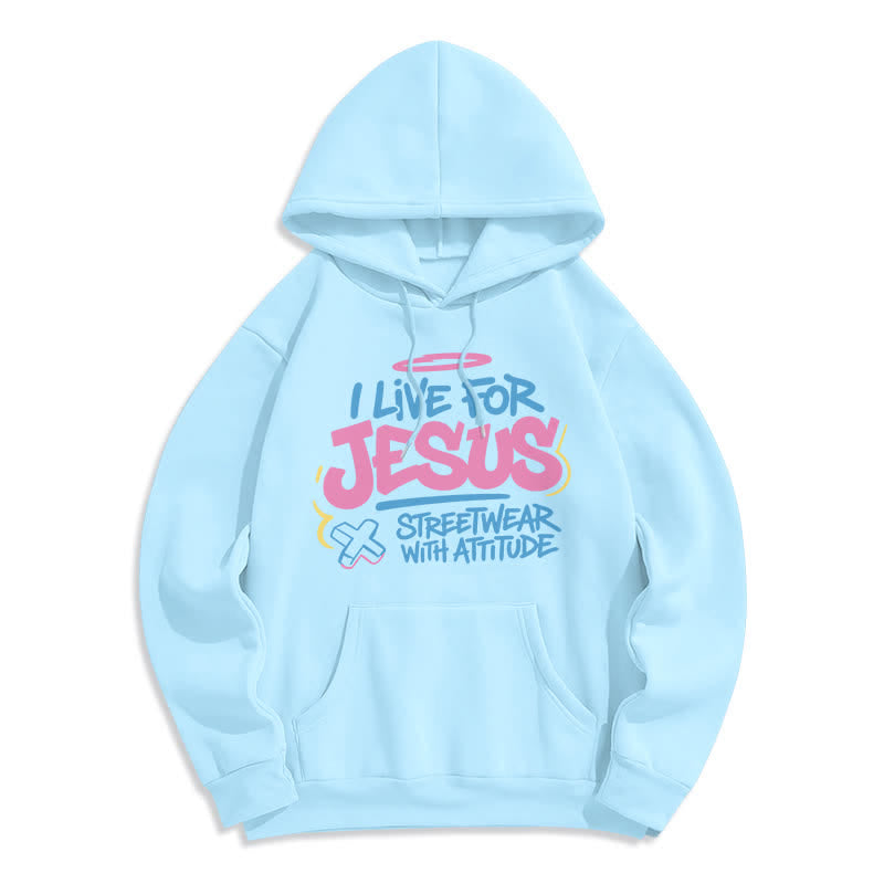 Christianartworkshop Sweat à capuche oversize bleu clair « Je vis pour Jésus » (motif graffiti) - Bleu - 2XL - image 0