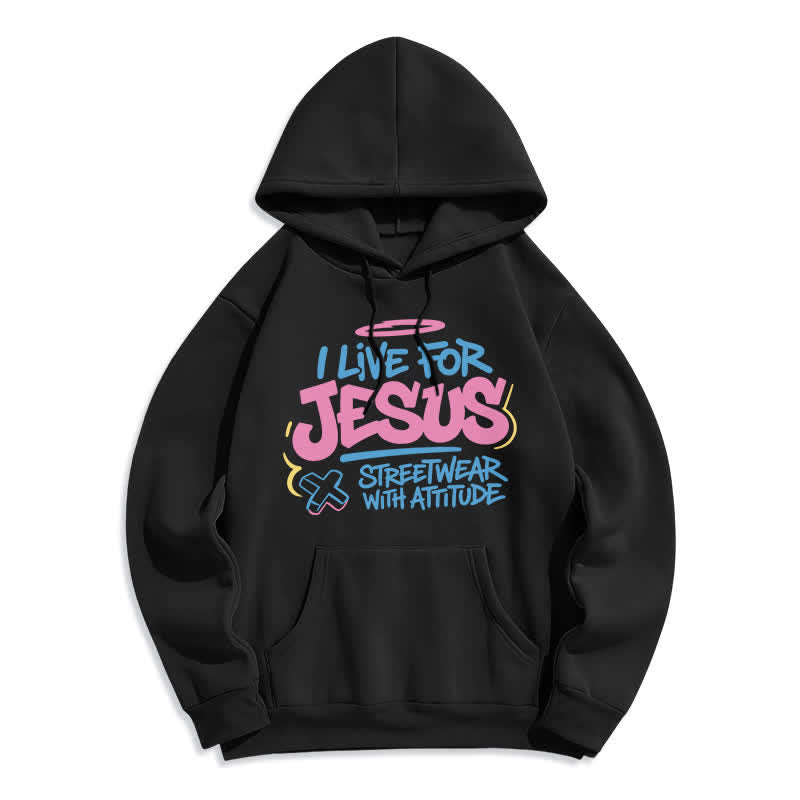 Christianartworkshop Sweat à capuche oversize bleu clair « Je vis pour Jésus » (motif graffiti) - Noir - 2XL - image 1