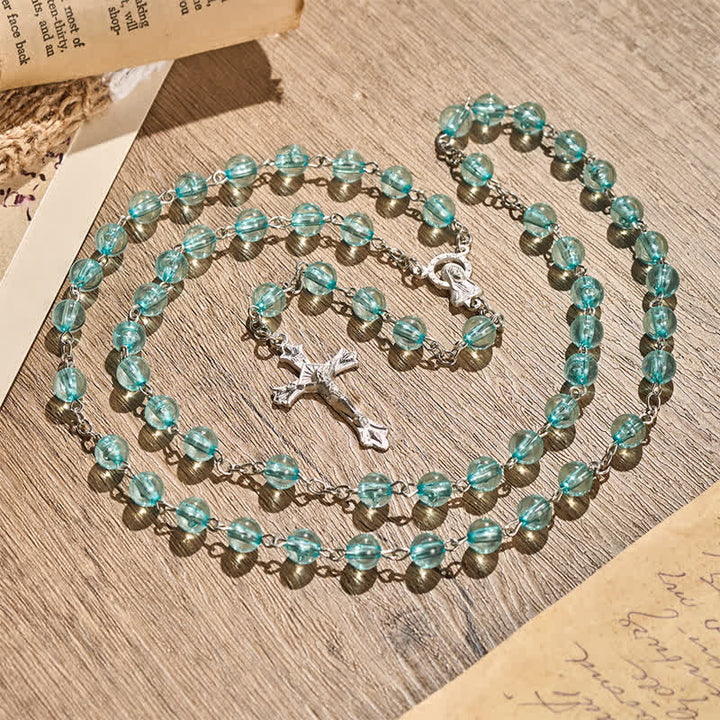 Christianartworkshop Chapelet en verre rond de 8 mm avec croix et chaîne en alliage bleu Notre-Dame et crucifix - image 2