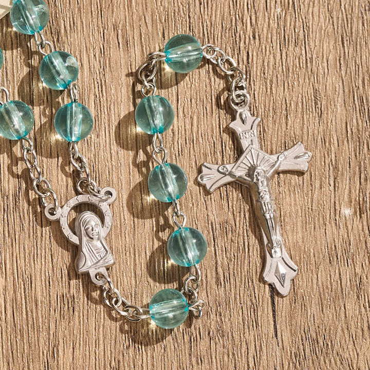 Christianartworkshop Chapelet en verre rond de 8 mm avec croix et chaîne en alliage bleu Notre-Dame et crucifix - image 4