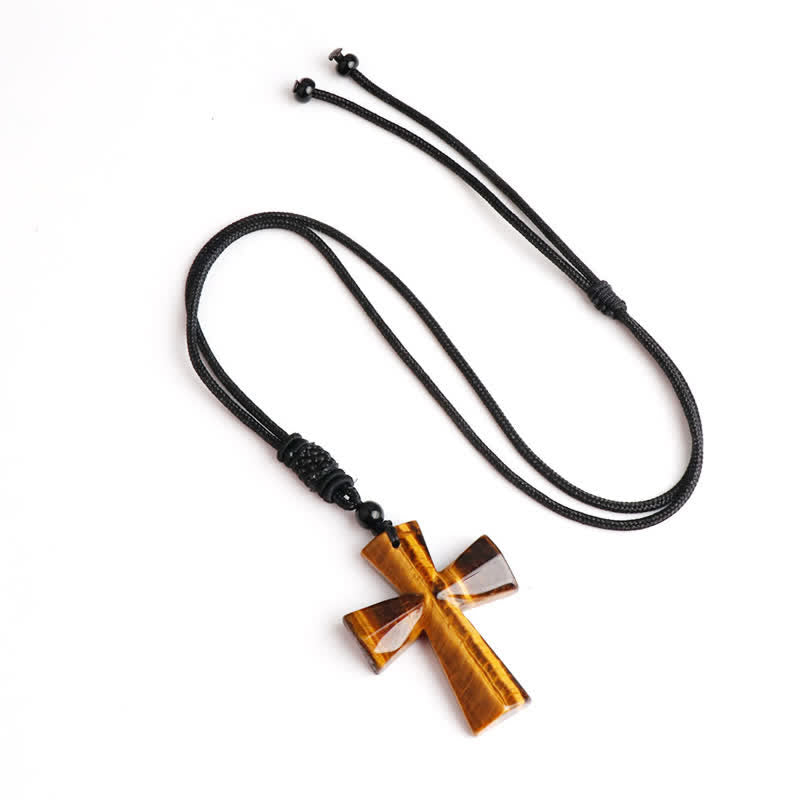 Christianartworkshop Collier en cordon à nœud en forme de croix et cristal poli : porteur d'une douce consolation céleste - Œil de tigre - image 1