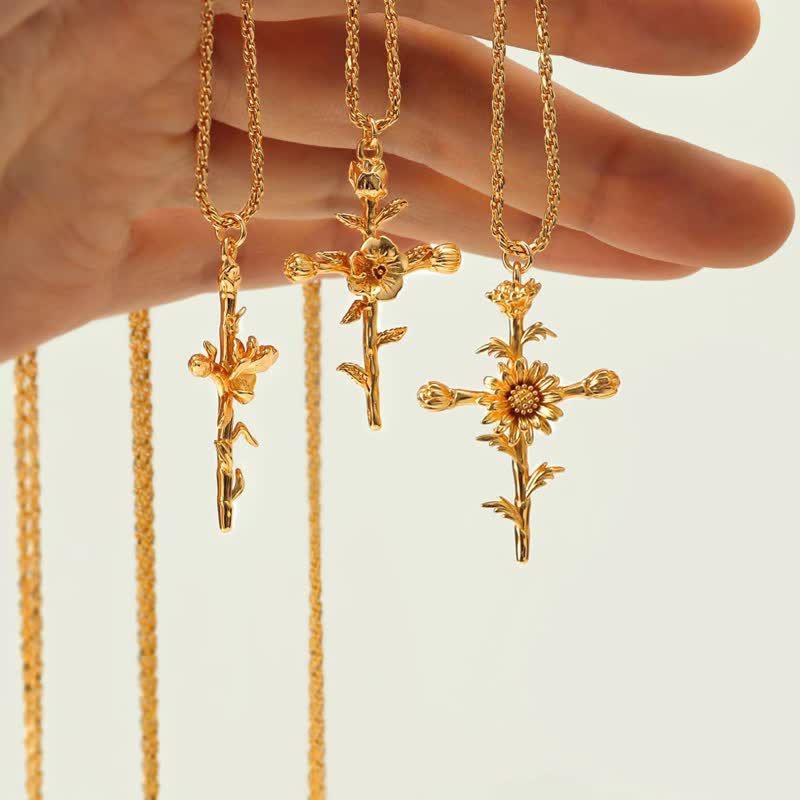 Christianartworkshop Collier croix en alliage de zinc poli avec fleur de naissance : symbole de chaleureuse bénédiction céleste - image 1