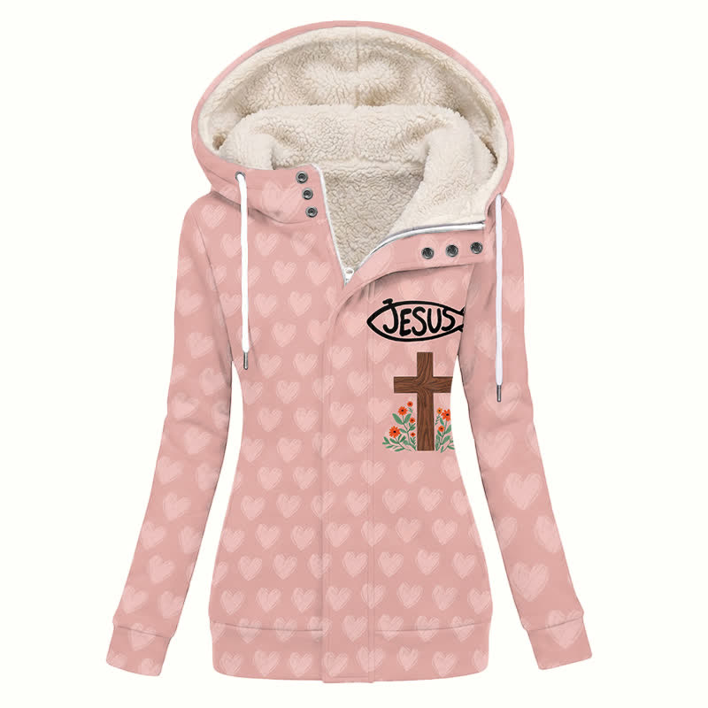Christianartworkshop Manteau polaire à capuche pour femme avec imprimé cœur et croix de Jésus rose - US16, UK/AU20, EU48 (4XL) - image 0